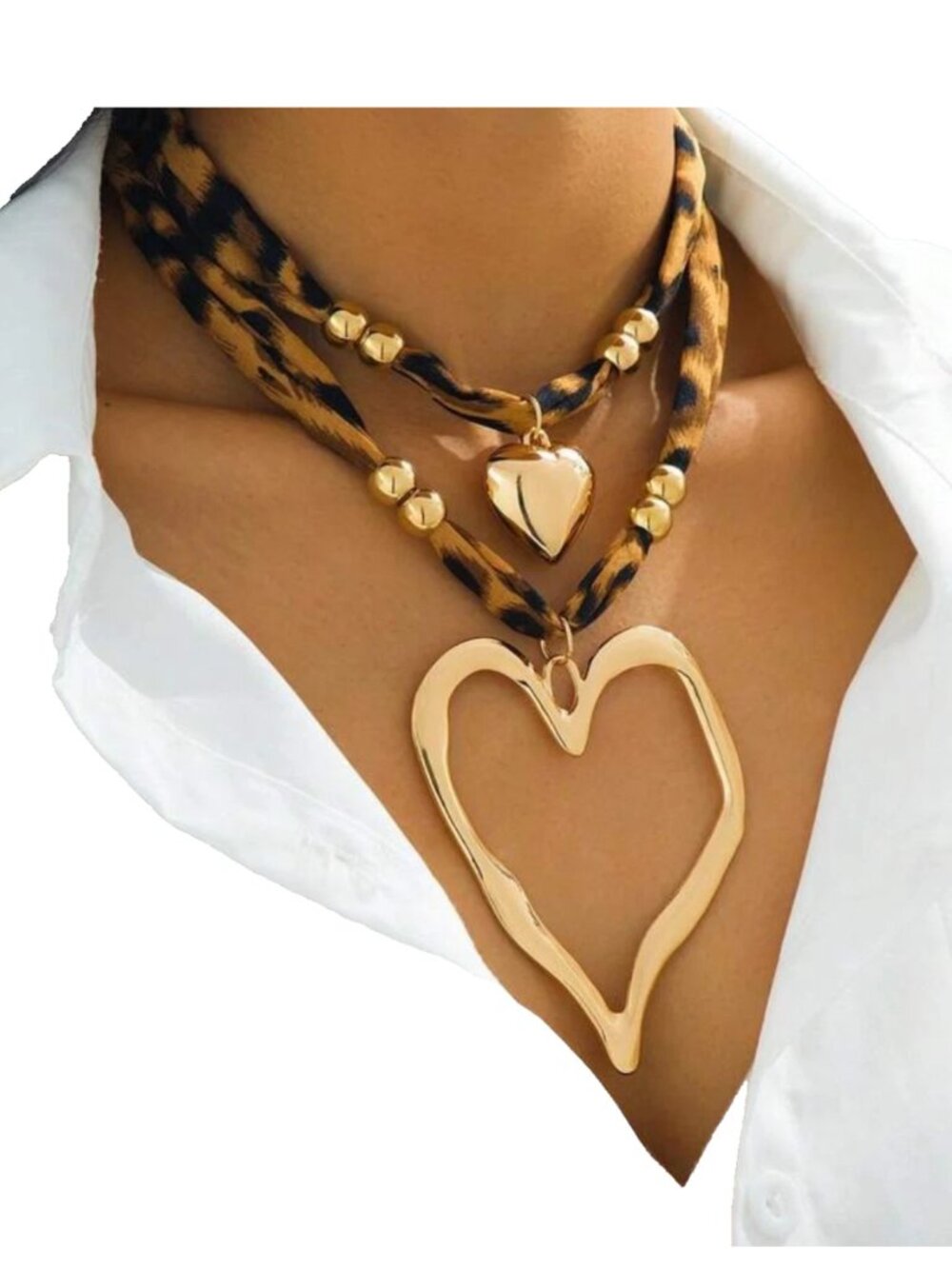 New 2 pcs/Set Vintage Exaggerated Leopard Printed Hollow Heart Neclace